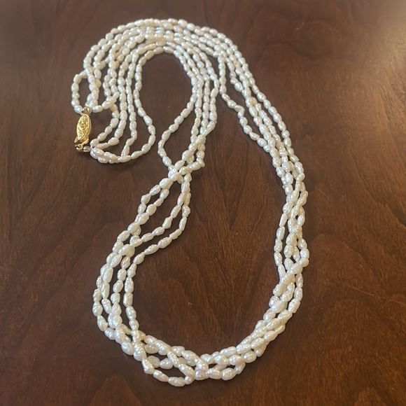 Genuine white rice Pearl four strand necklace gold color clasp - Picture 5 of 7